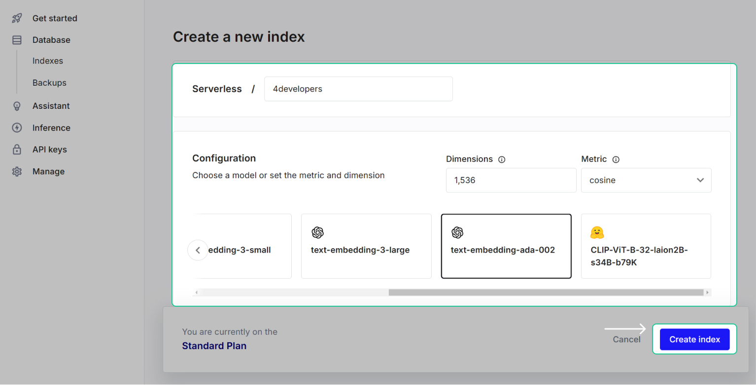 Screenshot of the "Create a new index" window in the Pinecone vector database platform. It shows options for configuring the new index, including selecting a pre-configured model, specifying the number of dimensions, and choosing a metric. The "Create index" button is highlighted, ready to finalize the index creation.